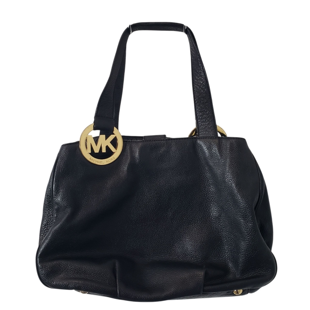 Michael Kors Black Leather Tote with Gold MK Logo Charm